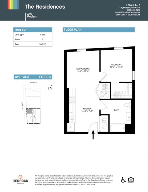 Floor plan for 1 bed, 1 bath, 561 sqft